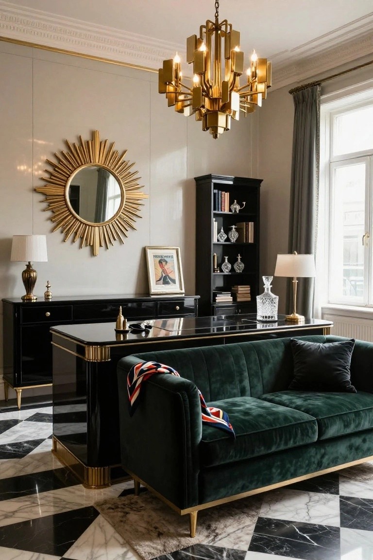 Home office with glossy black lacquer desk featuring gold trim, emerald green velvet sofa with Union Jack throw, gold chandelier, sunburst mirror, bookshelves, and black-and-white checkered marble floor.