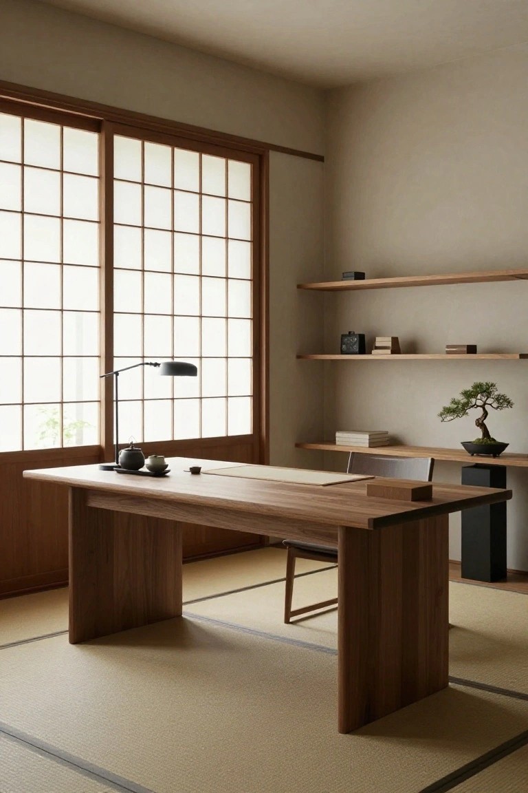 A minimalist Japanese-style office room with tatami mat flooring, large wooden desk and chair, shoji screen windows, wooden shelves holding books and a bonsai tree, black desk lamp, and teapot on the desk.