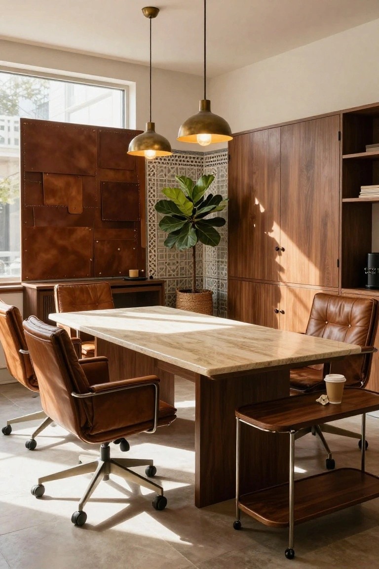 Modern office room with rectangular wood conference table topped in light stone, four tan leather swivel armchairs, brass pendant lights overhead, wooden cabinets, fiddle leaf fig plant in woven basket, and brown leather wall panel beside a window.