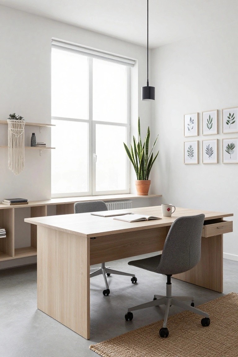 Light wood desk with gray office chair and adjacent open shelving unit in a bright white-walled room featuring a large window, potted snake plant, macrame plant hanger, and framed leaf prints.