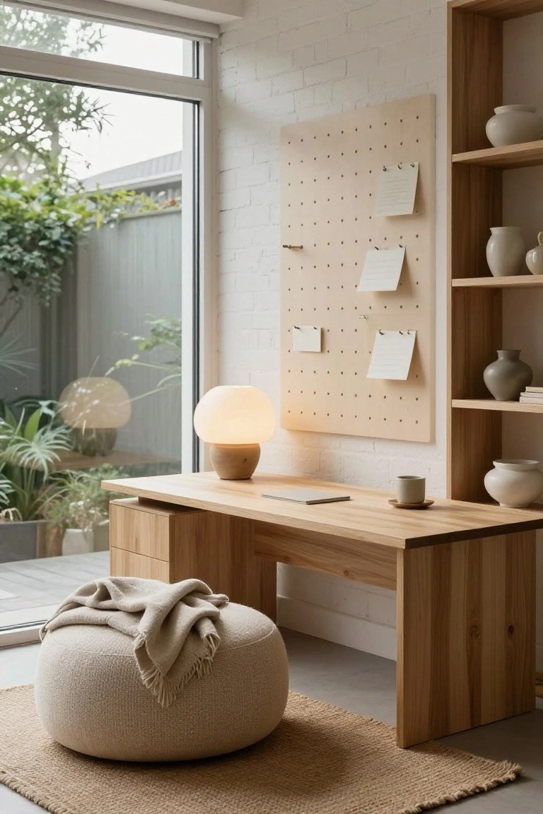 Home office featuring a light wooden desk with a laptop, mug, and lamp, a pegboard wall with pinned notes behind it, wooden shelves with ceramics, a cream pouf stool with throw, and large windows showing greenery outside.