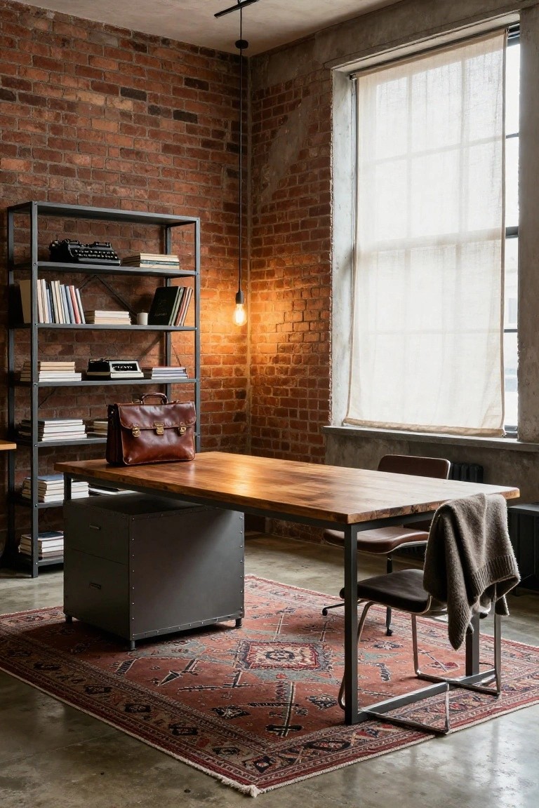 Home office interior with exposed red brick walls, gray metal bookshelves holding books and a typewriter, large wooden desk with metal base, brown leather chairs, leather briefcase, wool throw, and red patterned rug on polished concrete floor.