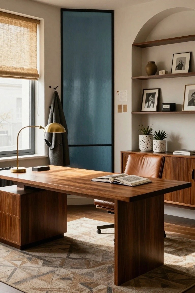 Modern home office with large wooden desk, tan leather chair on casters, open book on desk, gold desk lamp, blue slatted wall panel, arched shelves with plants and framed photos, and woven rug on wood floor.