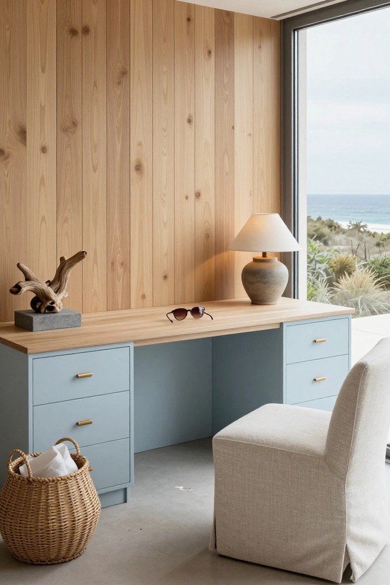 Home office with light vertical wood paneled wall, oak-topped light blue desk with drawers, lamp, driftwood on base, sunglasses, wicker basket, and white chair, viewed through large window to ocean and landscape.