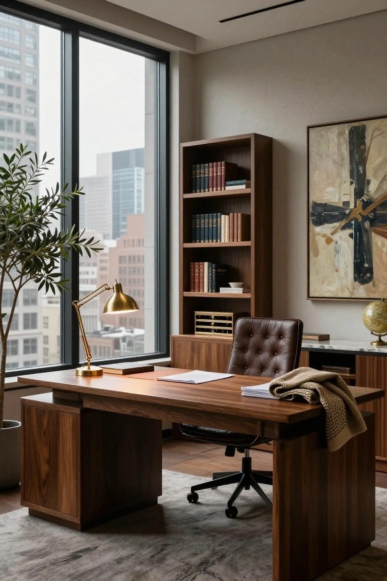 Modern office interior with large walnut wood desk, tufted brown leather chair on wheels, tall matching bookshelves with books, potted olive tree, brass architect lamp, globe, abstract painting, and floor-to-ceiling windows showing city skyline.