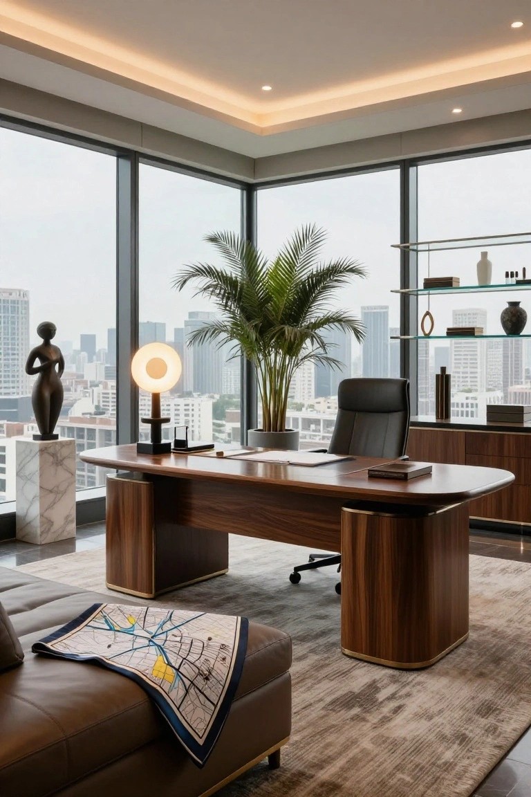 Corner office interior featuring a large curved walnut desk with brass accents, black leather swivel chair, potted palm tree, abstract bronze sculpture on marble pedestal, floating glass shelves, and floor-to-ceiling windows overlooking a city skyline.