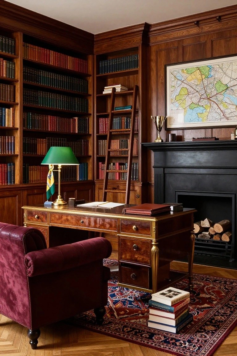 Wood-paneled office library with floor-to-ceiling bookshelves, sliding ladder, antique desk, green banker lamp, leather chair, and black fireplace on parquet floor.