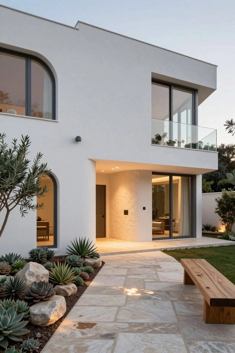 Modern white stucco house exterior with curved arched windows and entryway, glass balcony above, dark wood door, stone pathway edged with succulents and boulders leading to a wooden bench.