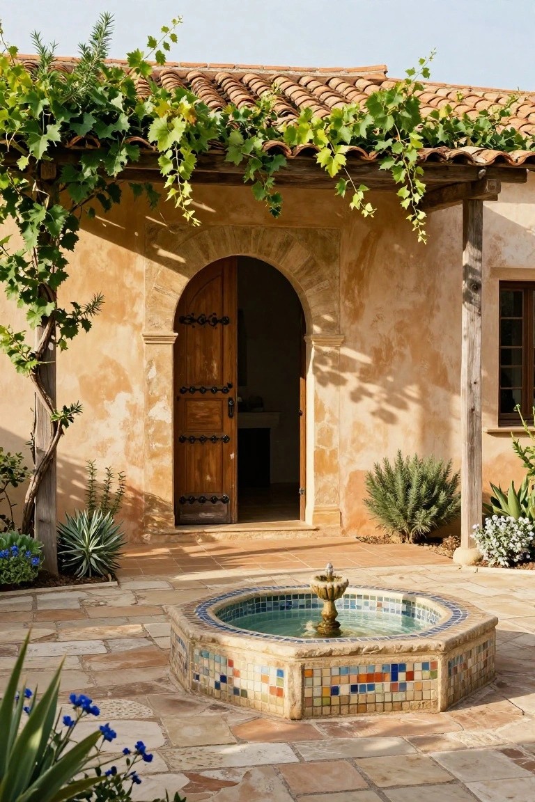 Beige stucco wall with terracotta tile roof and wooden arched door partially open, surrounded by green climbing vines, agave plants, and a colorful tiled fountain in a stone-paved courtyard.