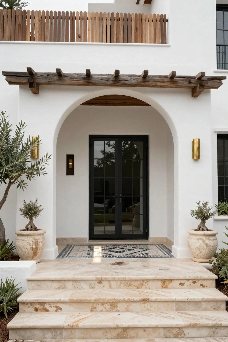 White stucco villa exterior with rustic wooden pergola over a large arched entryway, black metal-framed double doors, gold wall sconces, potted olive trees, colorful patterned tile doormat, and beige travertine steps.