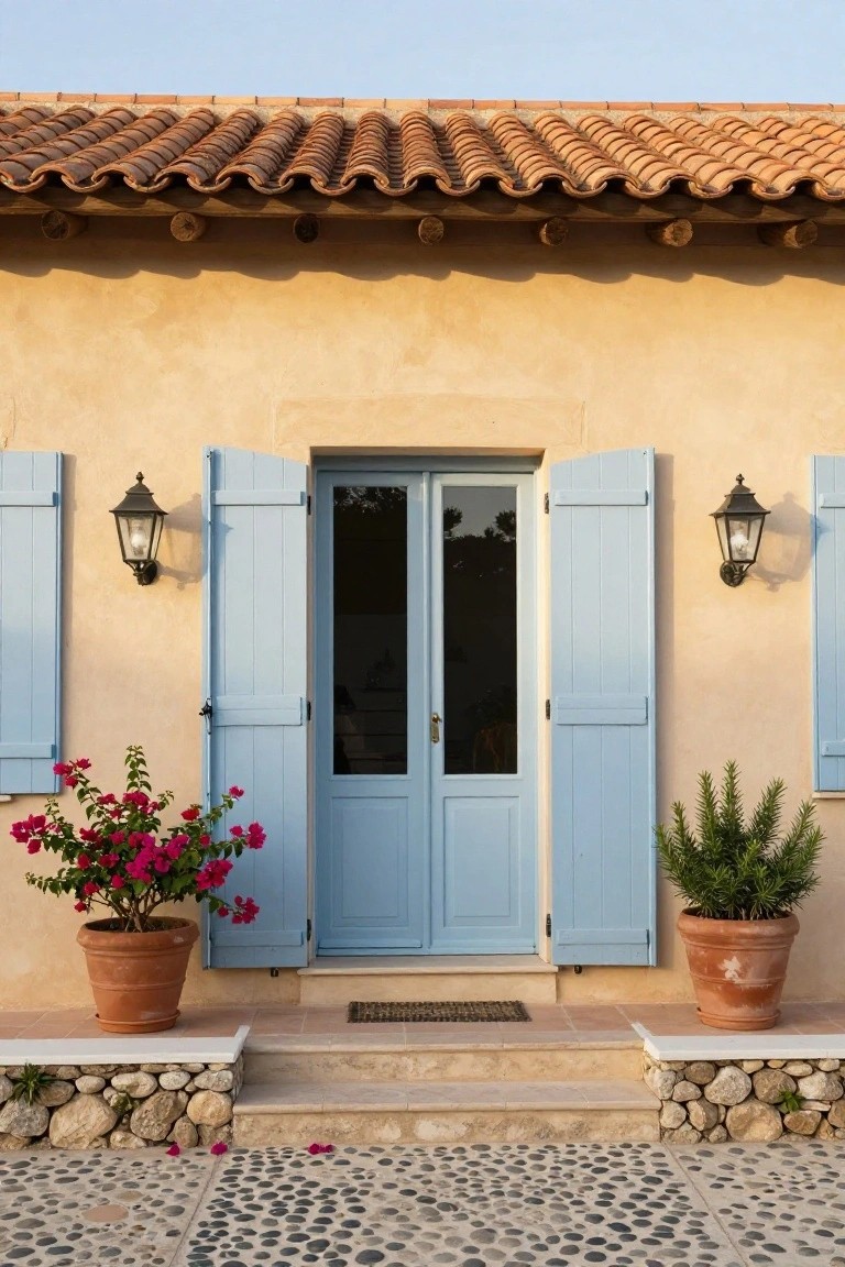 Beige stucco house facade with open blue double doors, blue shutters, wall lanterns, left potted pink bougainvillea, right potted green shrub, stone steps, and pebble path.