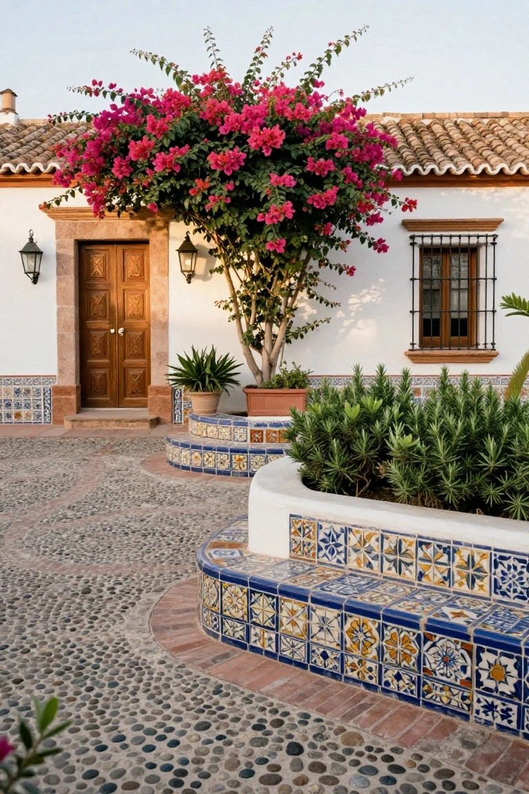 White stucco Spanish-style villa exterior with terracotta tile roof, carved wooden front door, iron-grilled window, large pink bougainvillea tree beside the entry, potted plants, blue-and-white tiled planters, and pebble stone pathway.