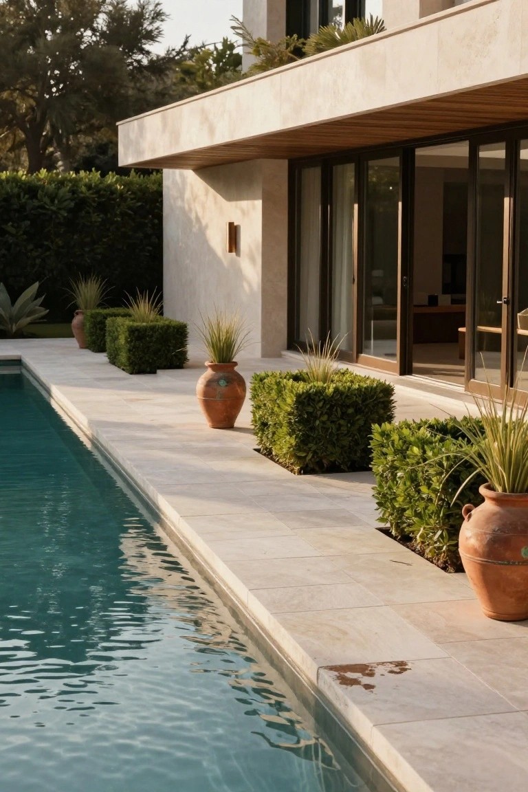 Modern beige stucco house exterior with wooden overhang and large glass sliding doors next to a turquoise pool, deck lined with square boxwood hedges, agave plants, tall grasses, and terracotta pots.