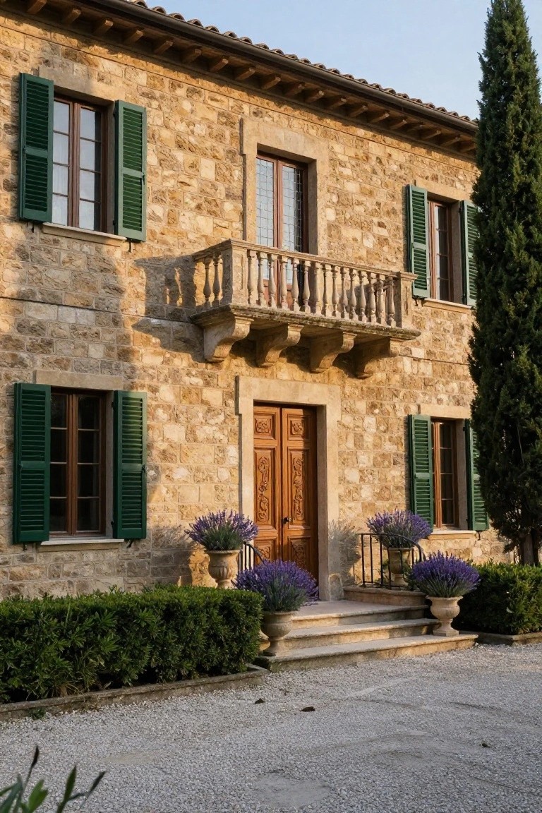 Two-story stone villa exterior with green shutters on windows, a second-floor balcony, carved wooden double doors at the entry on stone steps flanked by lavender pots in urns, boxwood hedges, a tall cypress tree, and gravel driveway.