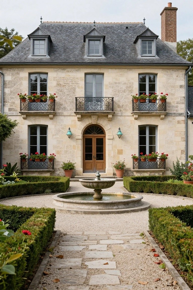 Beige limestone house with slate roof, dormer windows, wrought-iron balconies with flower boxes, arched wooden double doors centered under lanterns, symmetrical gravel courtyard with central stone fountain and boxwood hedges.