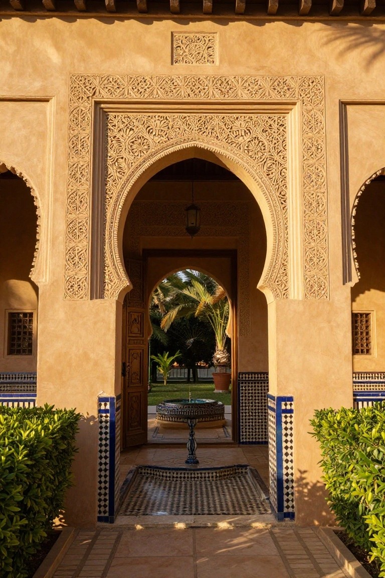 Beige stucco wall with tall ornate horseshoe arch doorway featuring intricate carved plaster details, flanked by arched niches, blue and white tile accents, boxwood hedges, and a view through to a courtyard fountain and palm trees.