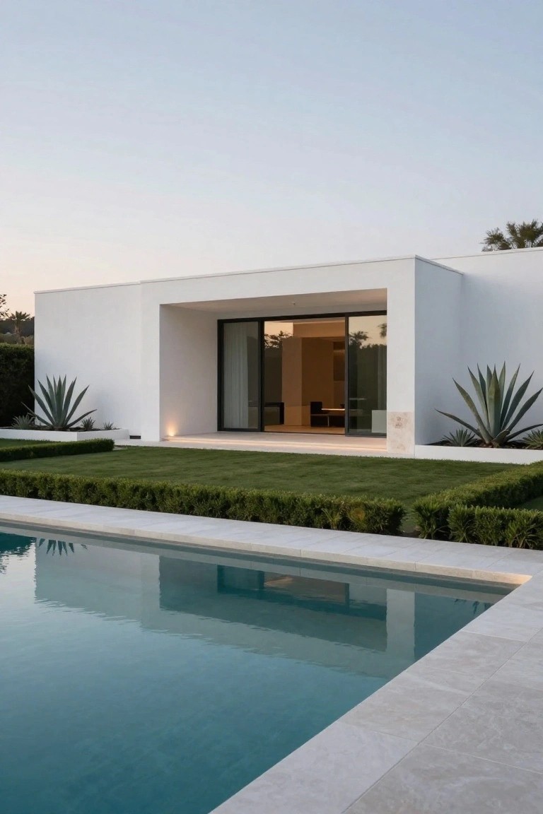 White minimalist house exterior with large sliding glass doors, infinity-edge pool, manicured boxwood hedges, and agave plants in raised beds at dusk.