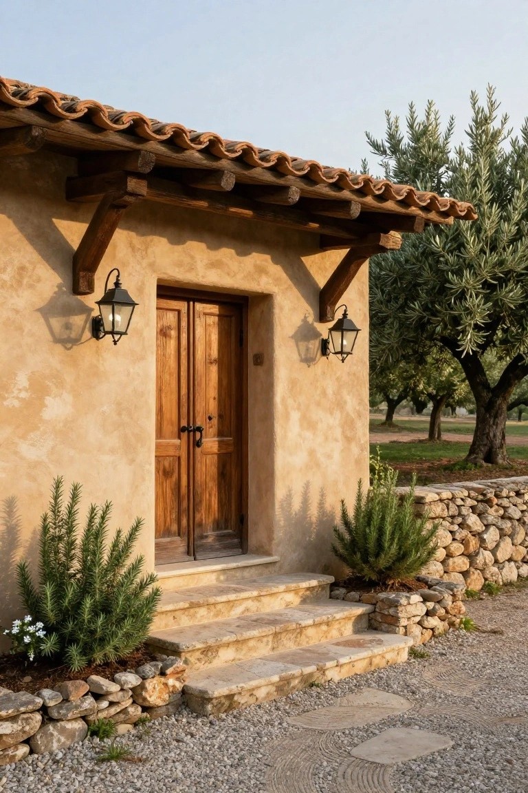 Beige stucco wall with wooden double doors, flanked by lit black iron lanterns, stone steps leading up, potted rosemary plants, stone wall, gravel ground, and olive trees nearby.