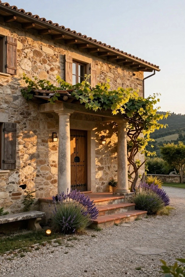 Stone villa exterior with a porch featuring columns, wooden door, climbing grapevines overhead, lavender plants beside terracotta steps, lanterns, and gravel path against a hillside backdrop.