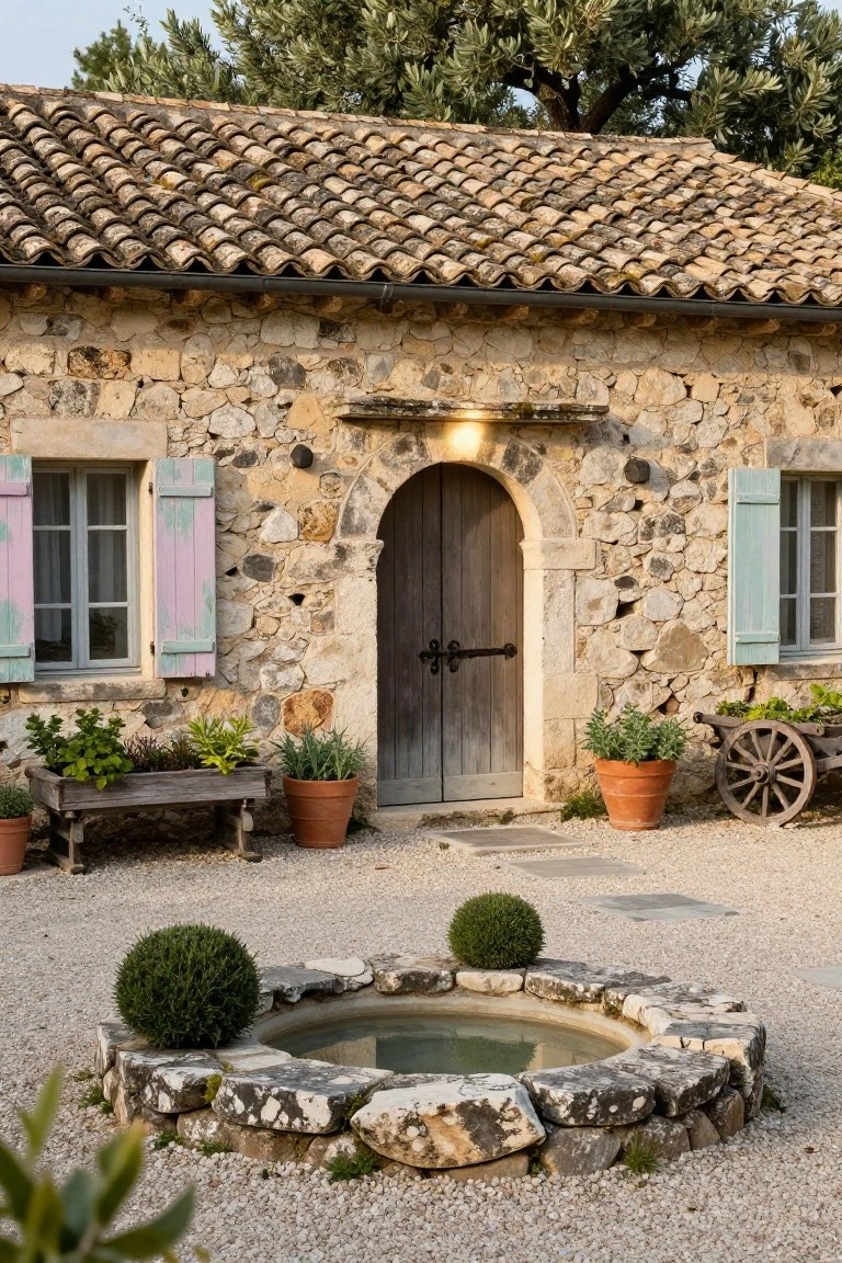 Stone-walled house with terracotta tile roof, arched wooden front door, pink and blue shutters on flanking windows, potted plants, wooden cart wheel, and circular stone fountain in gravel courtyard.
