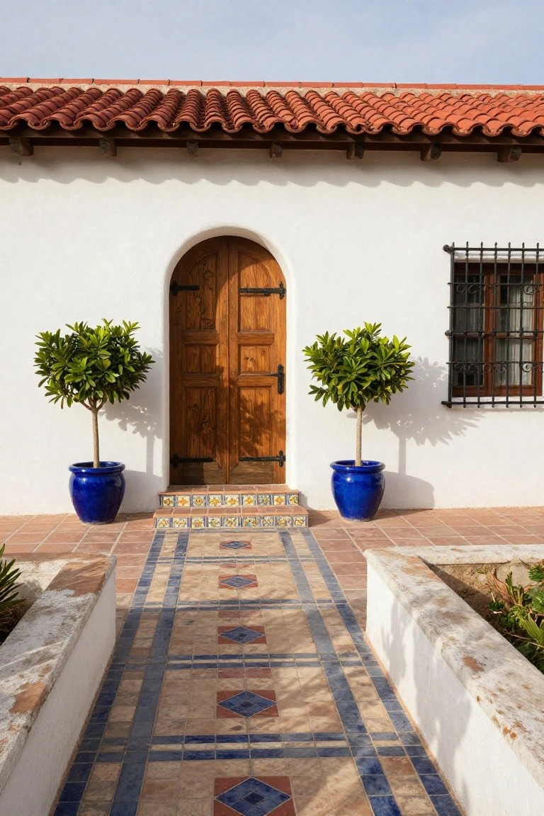 White stucco house exterior with red tile roof, arched wooden door flanked by two blue ceramic pots containing topiary trees, colorful tiled steps, and mosaic pathway leading to the entry.
