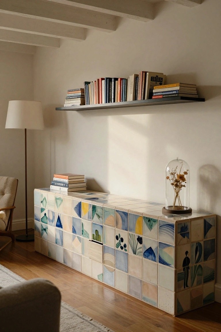 Living room corner with a low rectangular console table clad in multicolored abstract tiles on the front, stacked books on top, glass dome with dried flowers beside it, floating black shelf of books above, white floor lamp, beige armchair, and edge of a sofa on wooden floor under beamed ceiling.