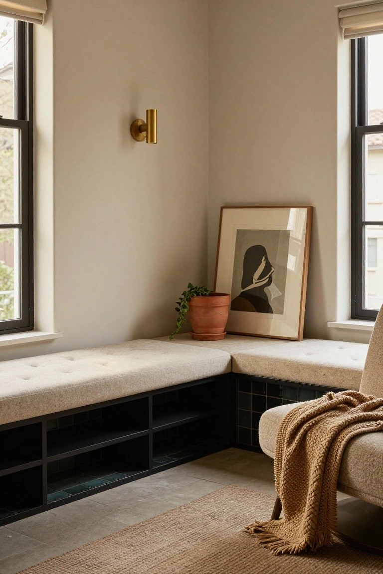 Light beige room corner with black-framed windows, gold wall sconce, framed abstract portrait of a figure in hat, potted trailing plant on L-shaped tufted bench with black open shelving below, cream armchair with tan knit throw, seagrass rug on beige tile floor.