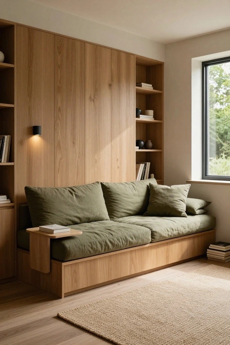 Cozy indoor corner with full-height oak wood paneling and built-in shelving, low wooden daybed in green linen cushions with attached protruding side table holding a book, scattered books and ceramics on shelves, black window frame overlooking trees, beige rug on light wood floor
