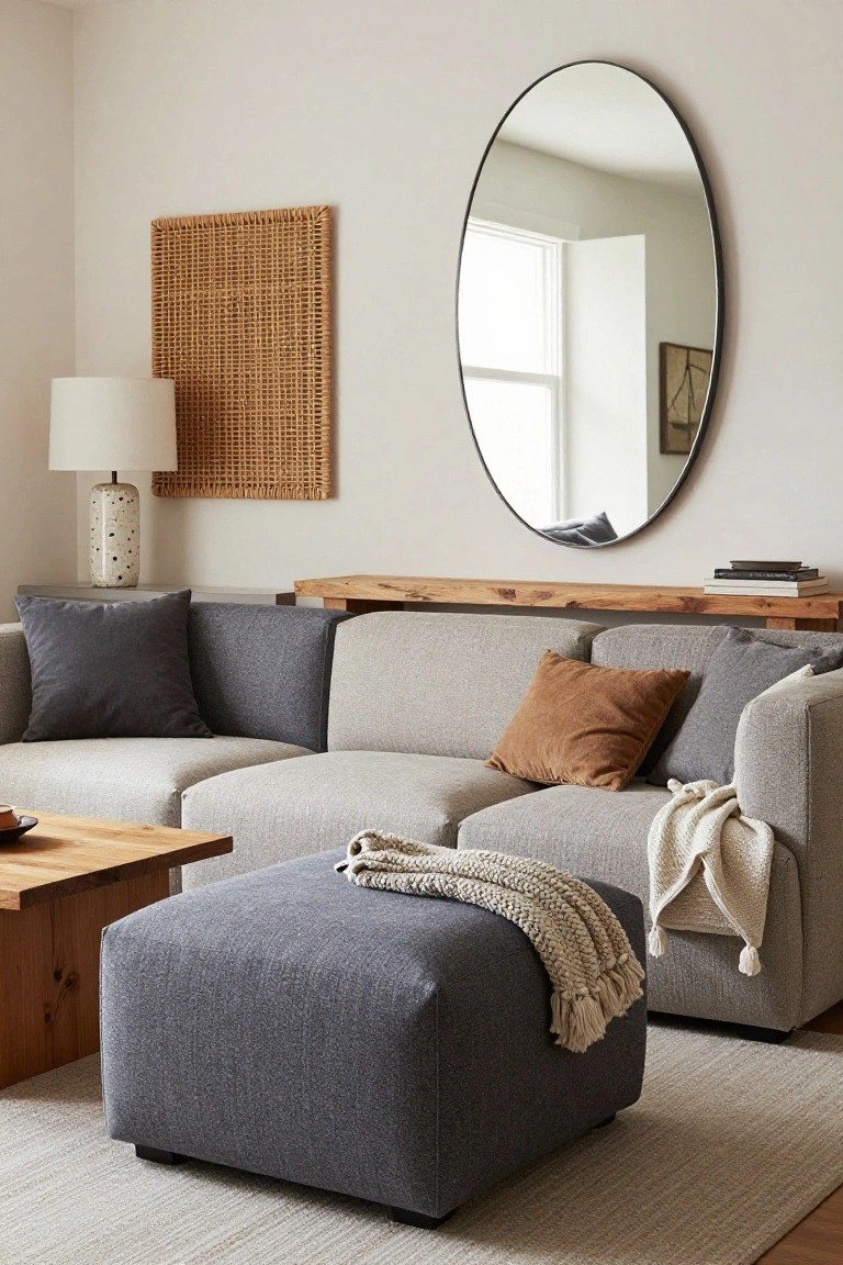 Living room corner with light gray L-shaped sofa, gray pillows, rust throw pillows, cream knit throw on sofa, gray fabric ottoman with cream throw, wood coffee table holding a cup, wooden shelf with books behind sofa, large black-framed oval mirror on wall, rattan wall art, and white lamp with speckled base.