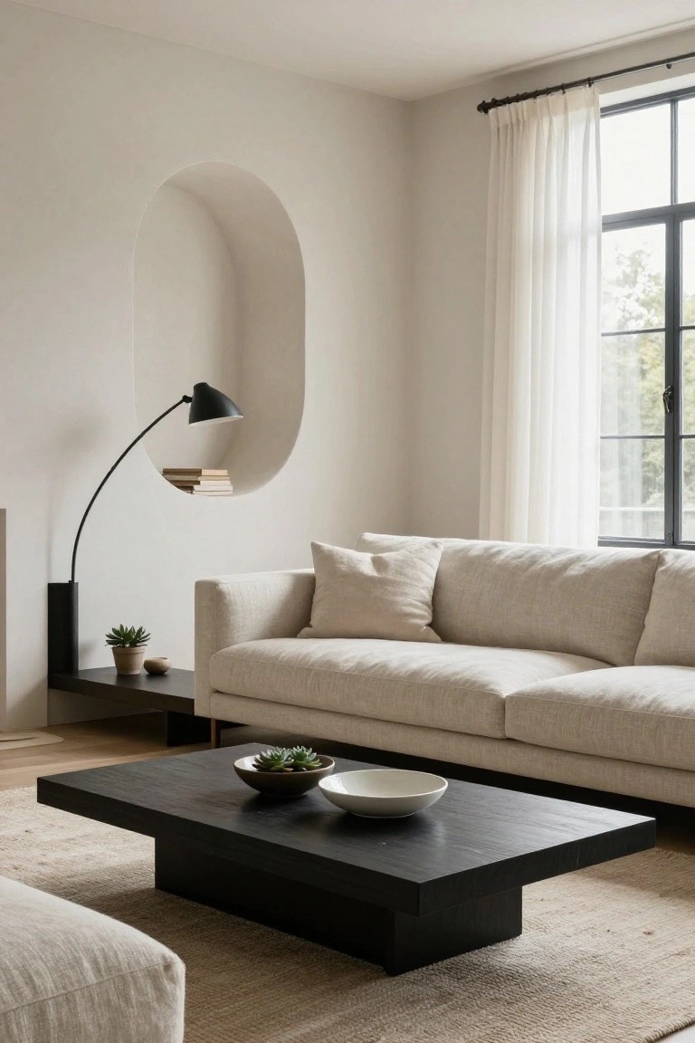 A minimalist living room with a light beige sofa, black low coffee table holding white bowls with succulents, black side table with potted plants, and a black curved floor lamp positioned in a white arched wall niche next to large black-framed windows draped in sheer white curtains.