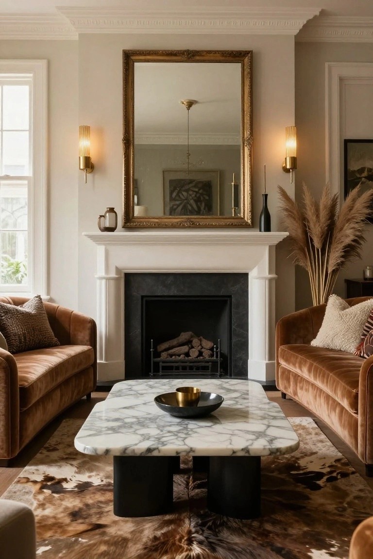 Living room interior with two curved brown velvet sofas flanking a white fireplace, rectangular white marble coffee table with black legs between them on a cowhide rug, gold-framed mirror above mantel, pampas grass and wall sconces nearby.
