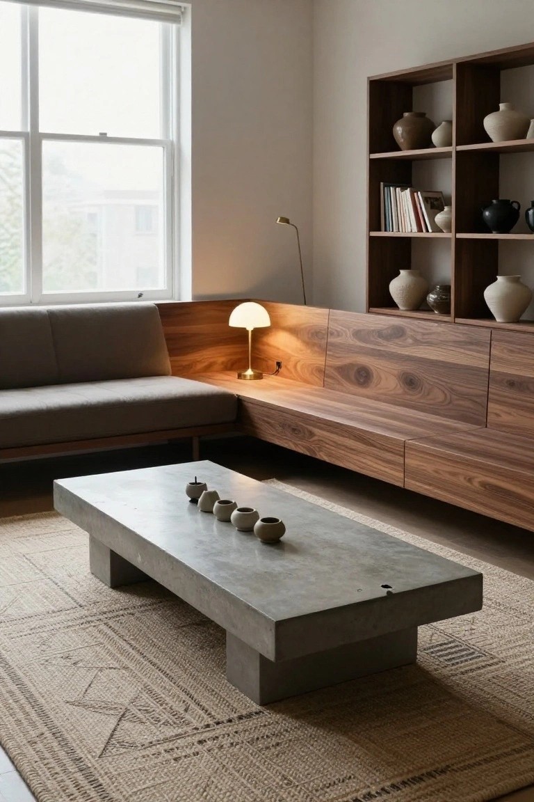 Modern living room with L-shaped gray sofa against wooden built-in corner bench and shelving displaying pottery, low rectangular concrete coffee table with small ceramic vases on a patterned rug, and desk lamp near a large window.