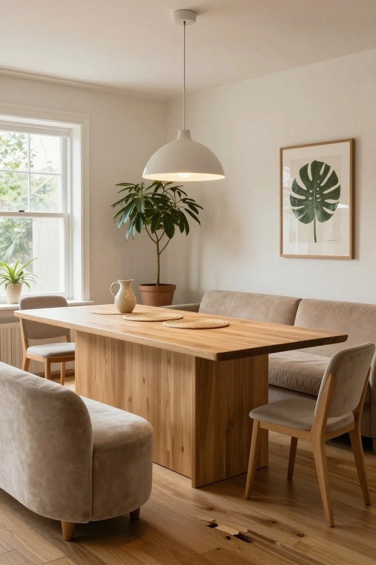 A light-filled dining room with a large rectangular oak table, rattan placemats, wooden chairs on one side, a curved beige upholstered sofa bench on the other, potted plants, a monstera print on the wall, and a pendant light overhead.