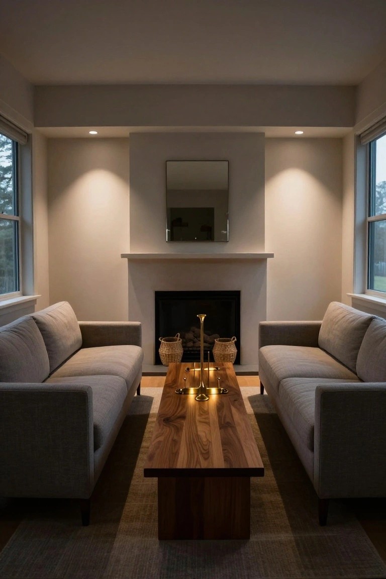 Modern living room with two light gray fabric sofas facing each other across a low rectangular walnut coffee table topped with brass candlesticks, positioned in front of a minimalist fireplace flanked by wicker baskets, warm recessed lighting, and large windows showing trees outside.