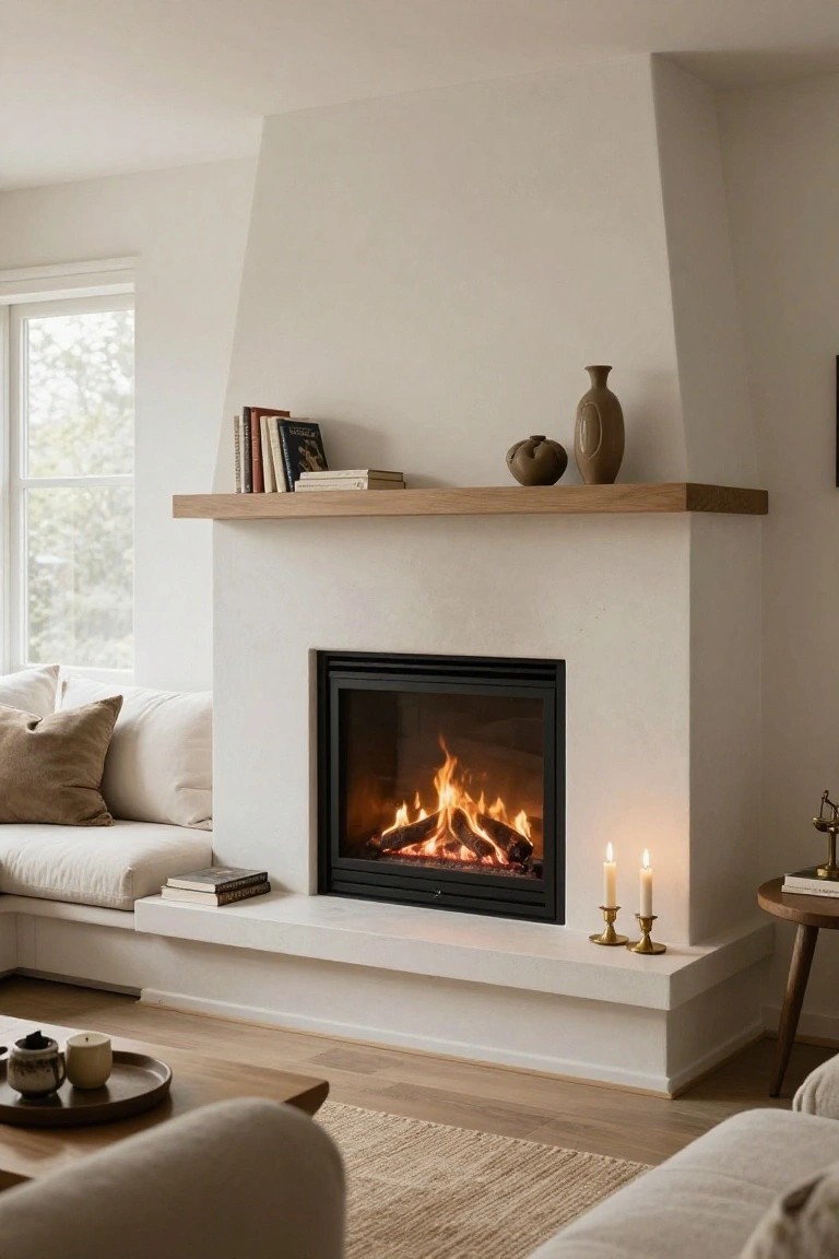 Modern living room with white plaster fireplace containing a burning fire, floating oak mantel shelf holding books and ceramic vases, beige low-profile sofa nearby, wooden coffee table, side table with lamp, and candles on the hearth against oak flooring.