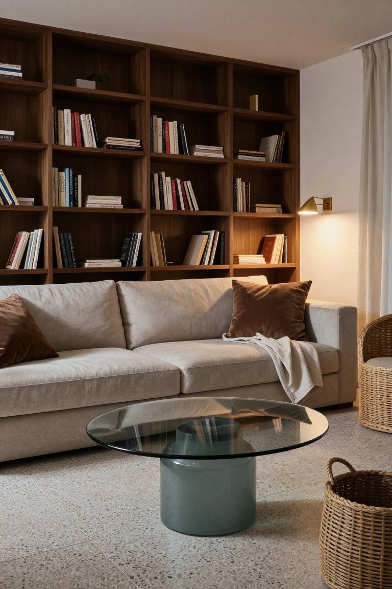 Modern living room with extensive wooden bookshelves along a wall filled with books, a beige sofa with brown pillows and white throw, glass coffee table on teal base, rattan chairs and baskets on speckled floor.