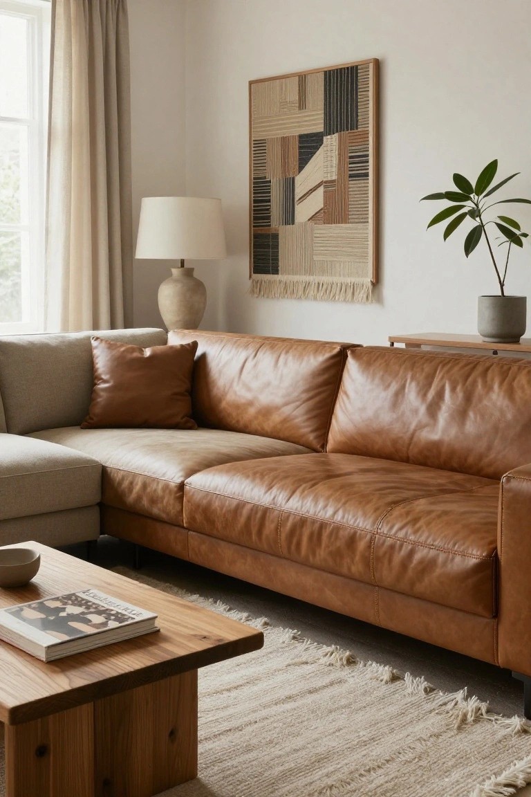 L-shaped sectional sofa in a light-filled living room with tan leather on one section and light gray fabric on the other, wooden coffee table with book and bowl, cream shag rug, floor lamp, potted plant, and abstract woven wall art.