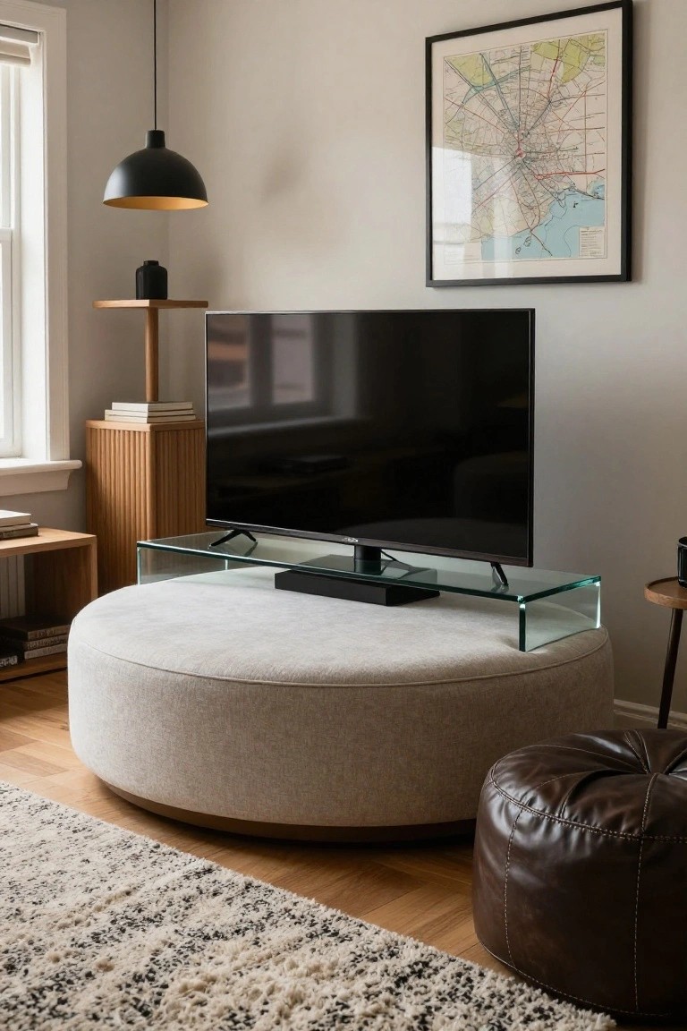 Modern living room with a TV on a round beige ottoman and leather pouf.