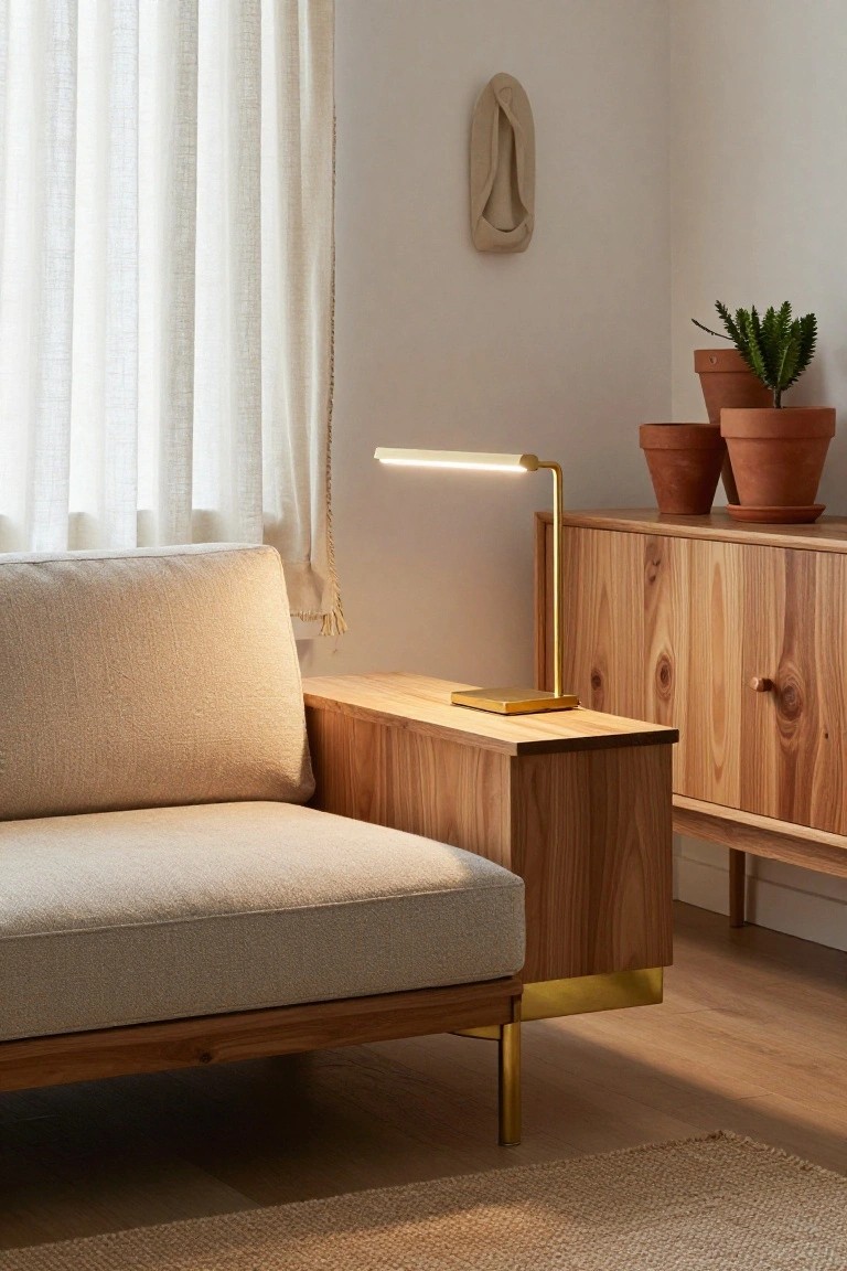 Light beige upholstered sofa with wooden frame and integrated side table holding a brass LED bar lamp, next to a wooden credenza with potted plants in a room with sheer curtains and light wood floors.