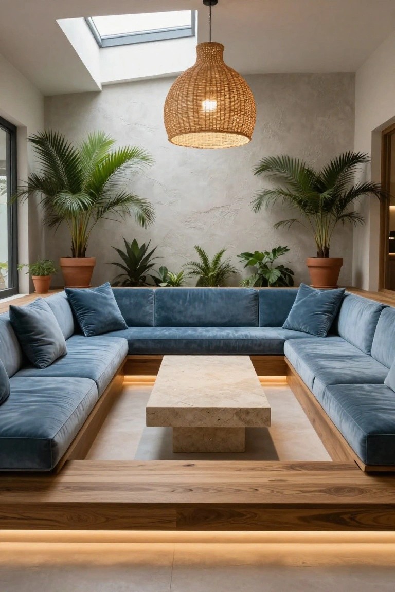 Modern indoor living area with sunken wooden platform holding navy blue velvet U-shaped sofa around rectangular beige stone coffee table, potted tropical plants on textured walls, rattan pendant light, and skylight above.