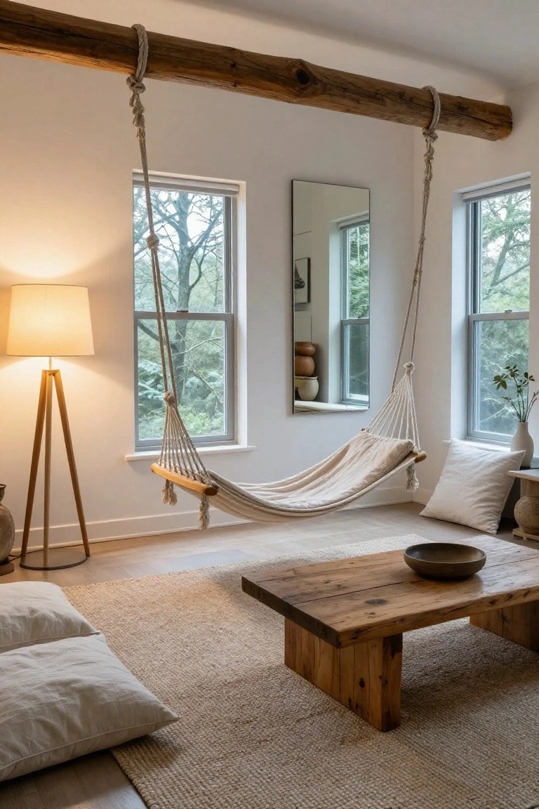 A beige hammock swing suspended from a thick wooden beam in a minimalist living room with light wood floors, a rustic wooden coffee table, floor pillows, tripod floor lamp, mirror, and large windows showing trees outside.
