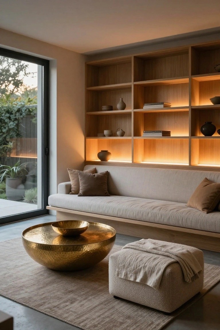 A living room with light wood open shelving along the wall featuring warm LED underlighting, displaying ceramics and books, a low beige sofa with pillows, hammered brass bowl table, fabric ottoman, neutral rug, and sliding glass doors to a garden.