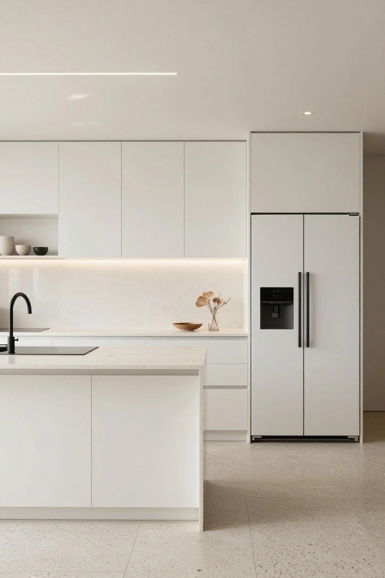 Modern kitchen interior with handleless white flat-panel cabinets, white stone island countertop, integrated white refrigerator with black water dispenser, black faucet, under-cabinet lighting, and light speckled terrazzo flooring.