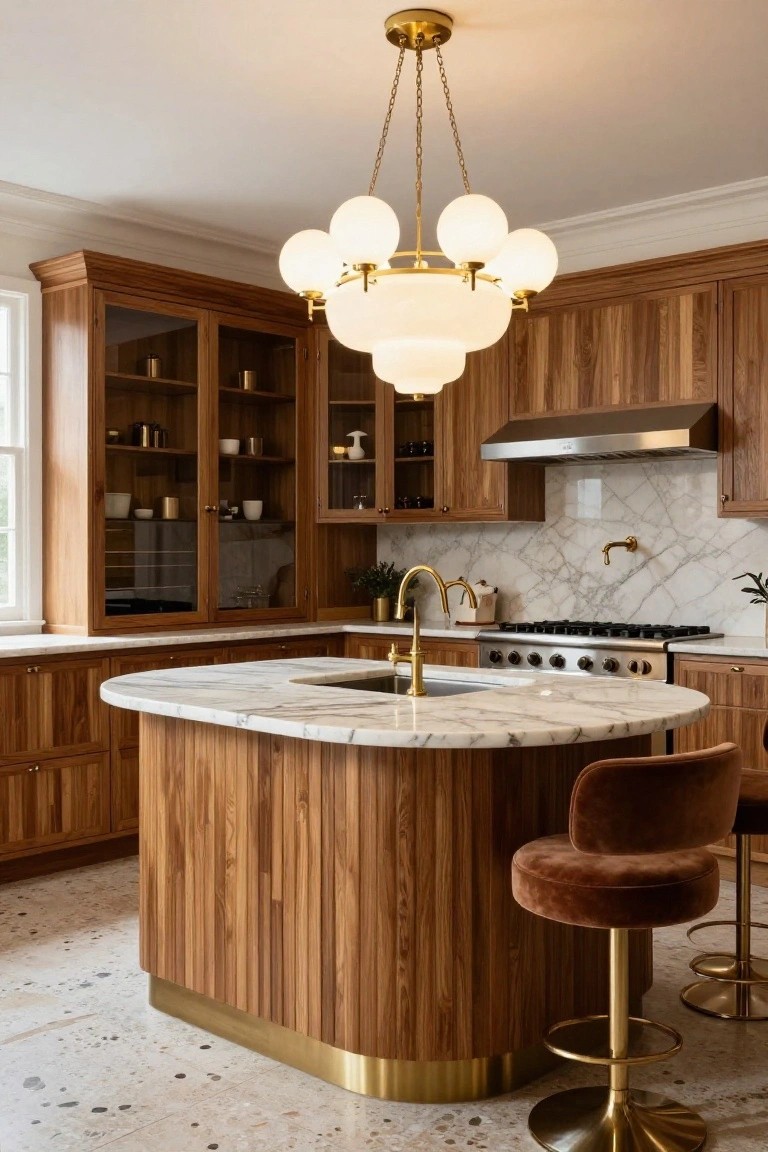 Luxury kitchen with warm wood cabinetry, curved island featuring vertical wood slats, white marble top, and brass pedestal base, plus glass-front cabinets and bubble glass chandelier.