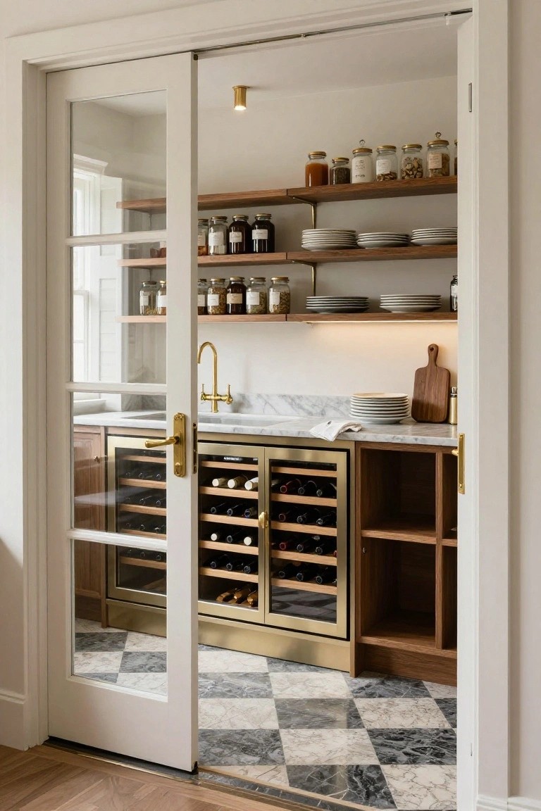 Open white glass-paneled doors revealing a butler's pantry with brass faucet and handles on marble sink countertop, gold wine refrigerator with glass door showing bottles, wooden open shelves stocked with glass jars, plates, and dishes, and black-and-white checkered marble floor.