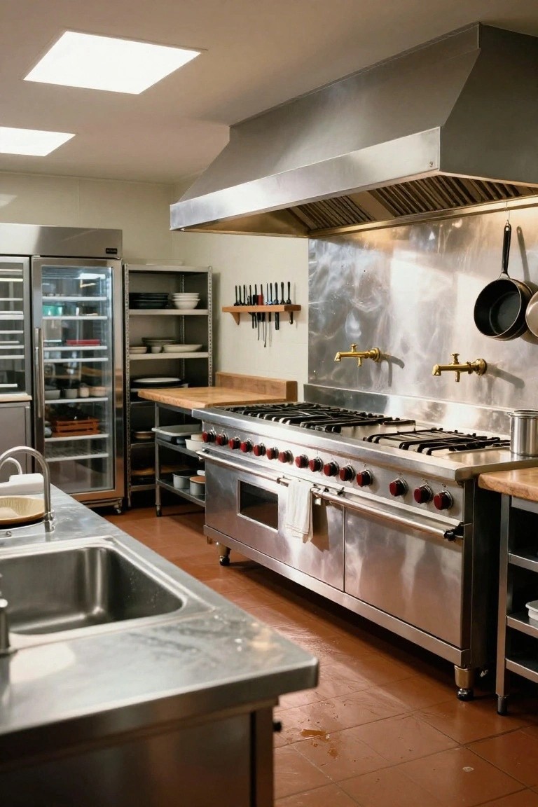 Commercial-style kitchen with large 8-burner stainless steel gas range under oversized hood, glass-door refrigerators, stainless steel sinks and counters, wooden prep tables, and red tile floor.