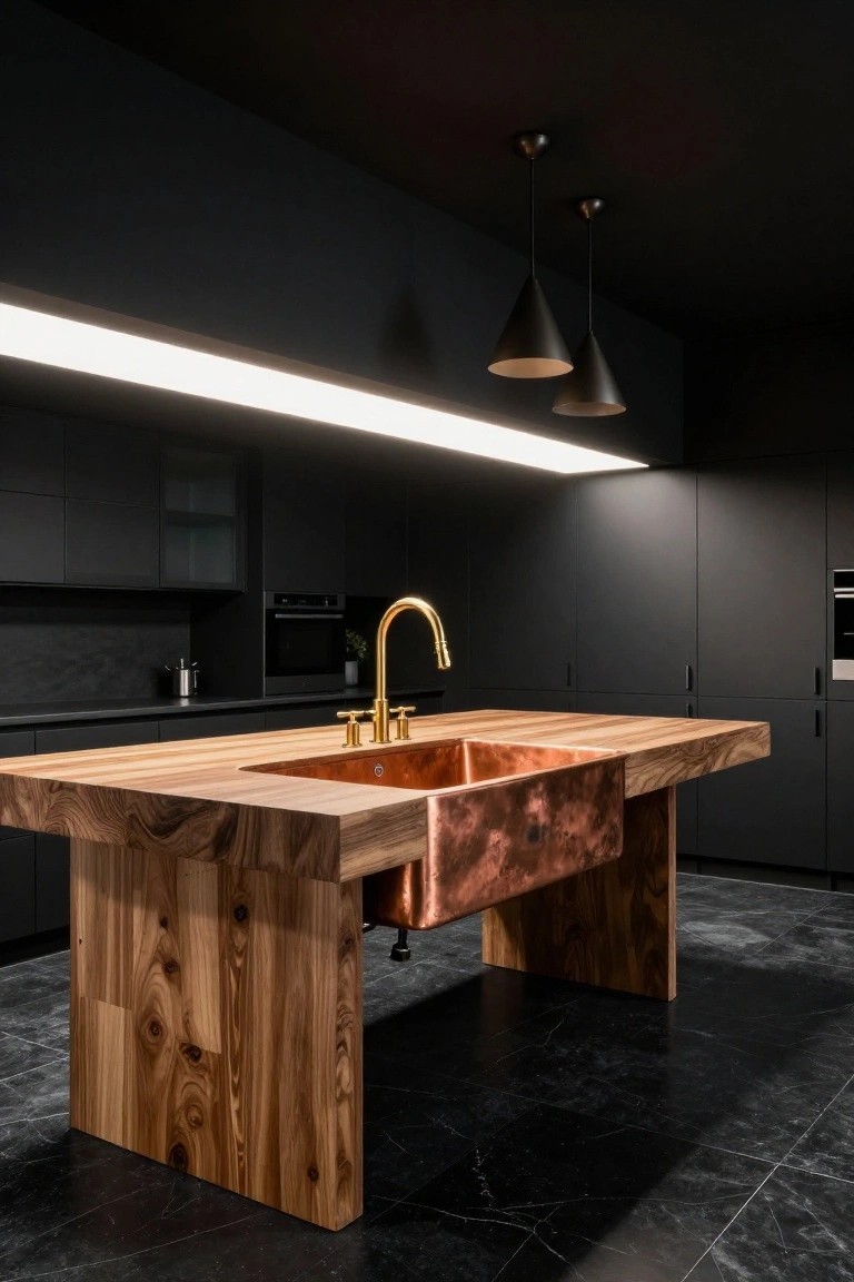 Modern black kitchen with matte cabinets, linear LED lighting, two black cone pendants, wooden island containing hammered copper apron sink and brass gooseneck faucet on dark marble-look floor.