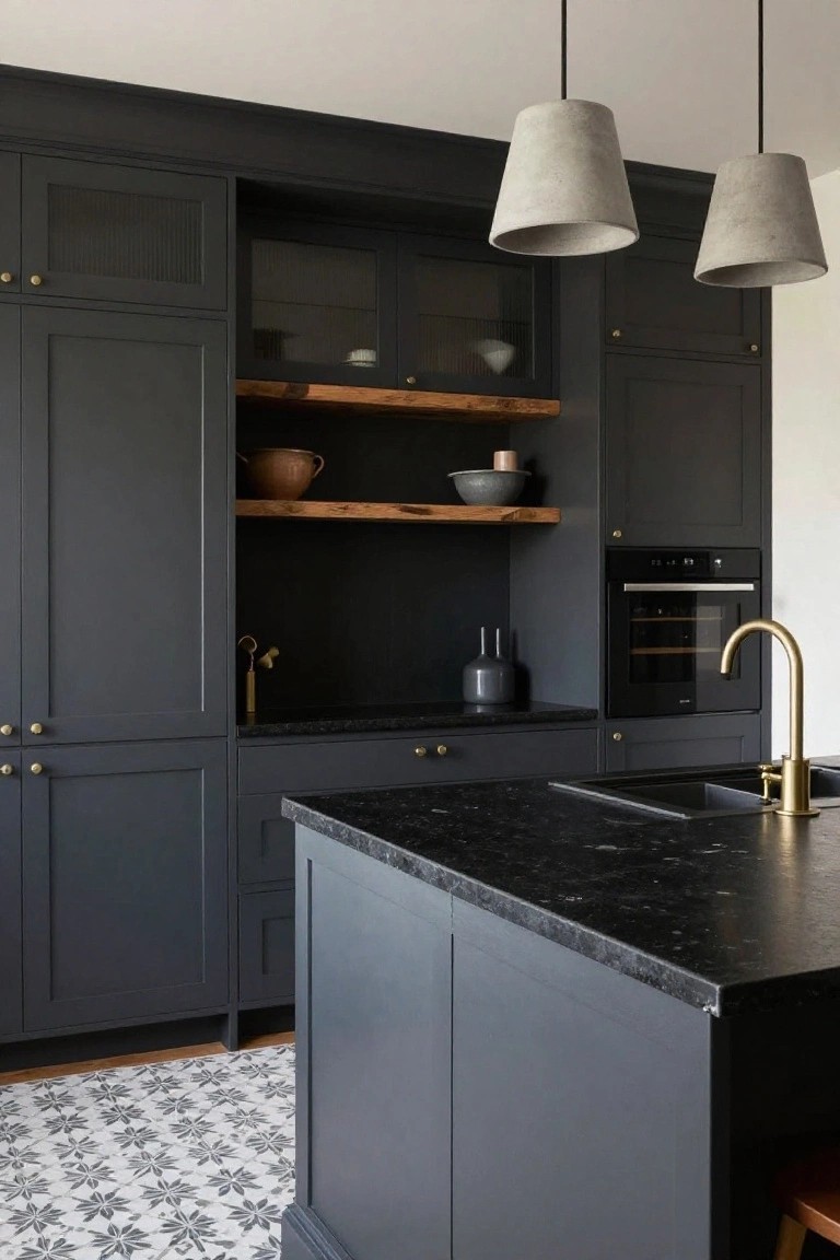 Kitchen with dark gray cabinets, brass hardware on doors and curved faucet, black granite countertop on island, built-in oven, glass-front upper cabinets, concrete pendant lights, and white patterned tile floor.