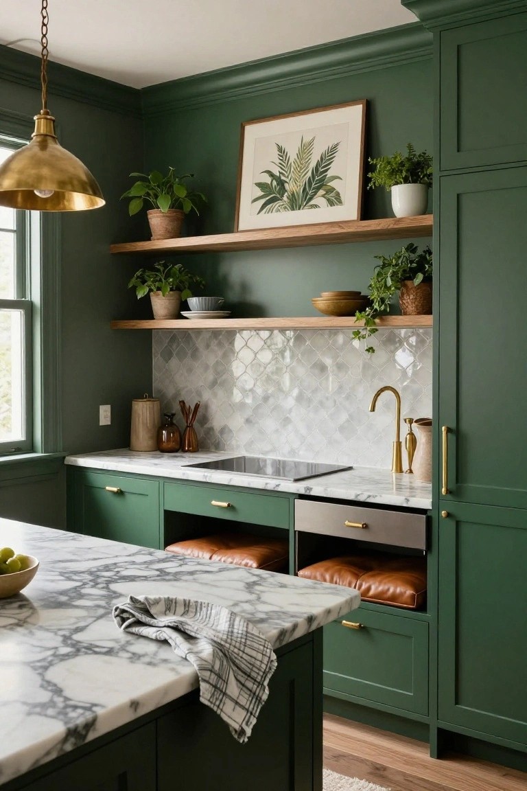 Corner view of a green kitchen with emerald cabinets, white marble counters and island, fishscale tile backsplash, brass faucet and hardware, open wood shelves with plants and pottery, and a gold pendant light hanging above.