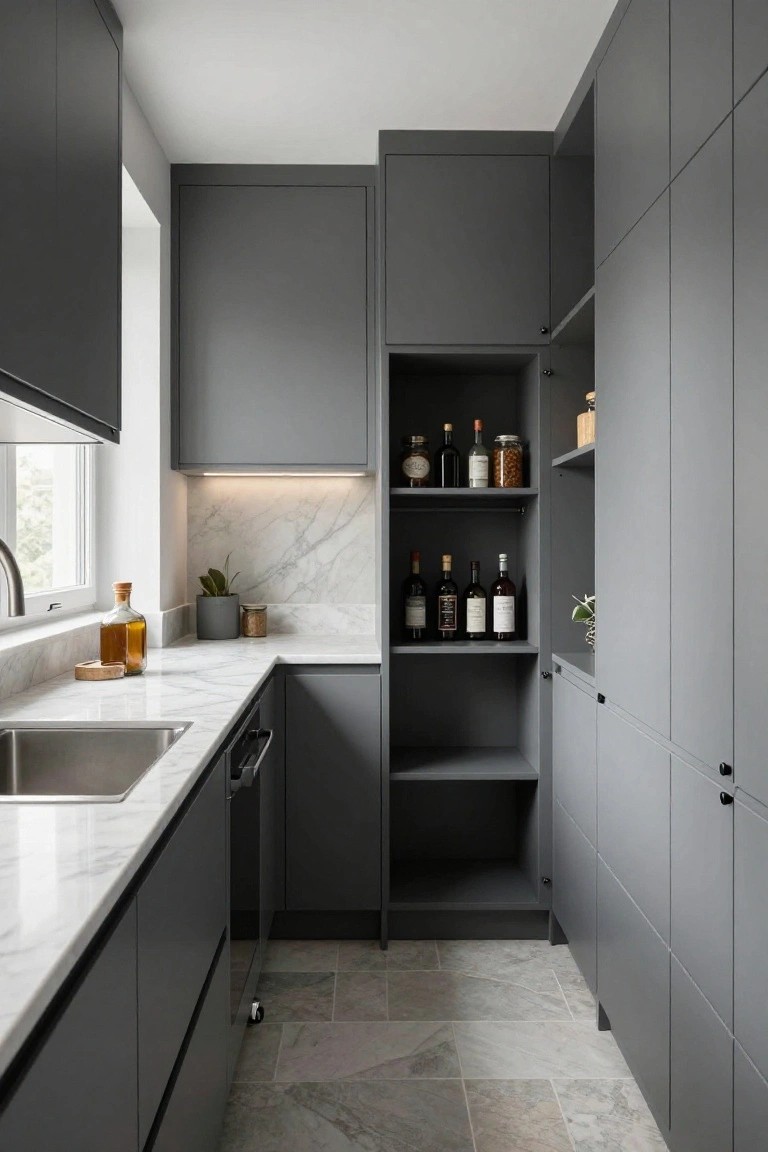 Narrow modern kitchen with floor-to-ceiling matte gray cabinets, white marble countertops, stainless steel sink, dishwasher, and open shelving stocked with bottles, jars, and pantry items.